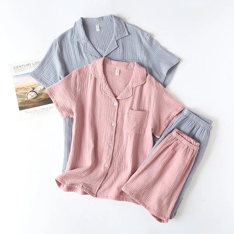 Cotton double-layer gauze Washed crepe fabric Short sleeved shorts Pajama set for women Collar plus size home clothing