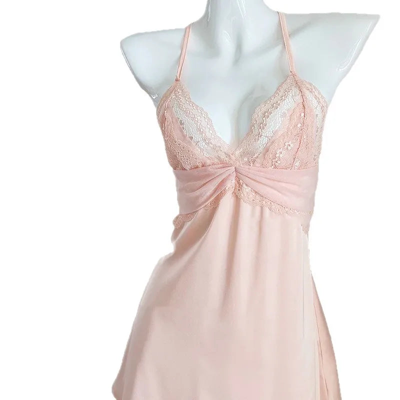 Pure lust sexy lace court style princess suspender nightdress summer satin backless pajamas