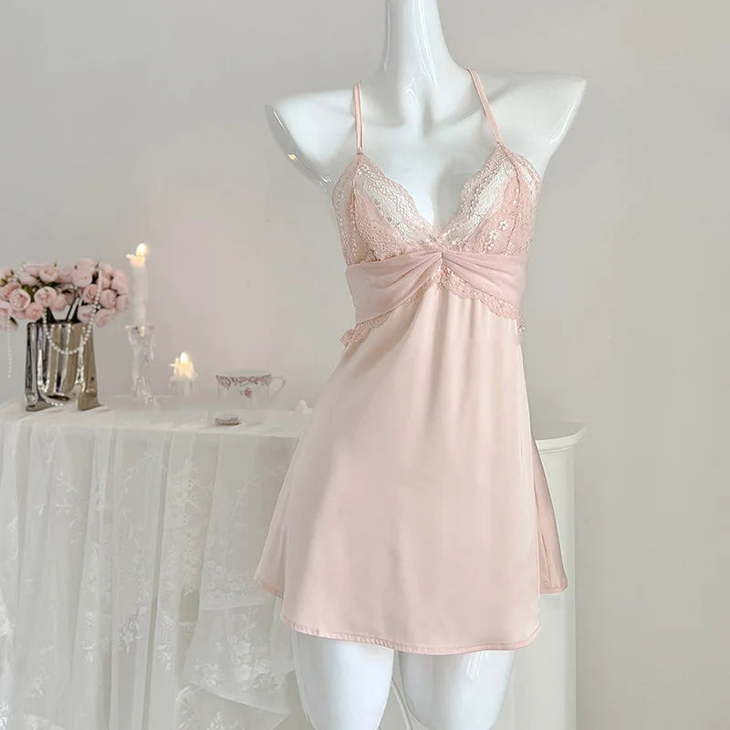 Pure lust sexy lace court style princess suspender nightdress summer satin backless pajamas