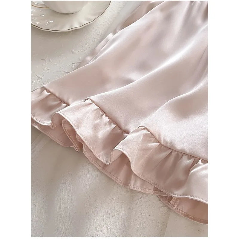 Women's Ice Silk Pajamas Set Lace Short Sleeve Top And Shorts Sleepwear 2 Piece Set For Women Pink Sweet Loungewear