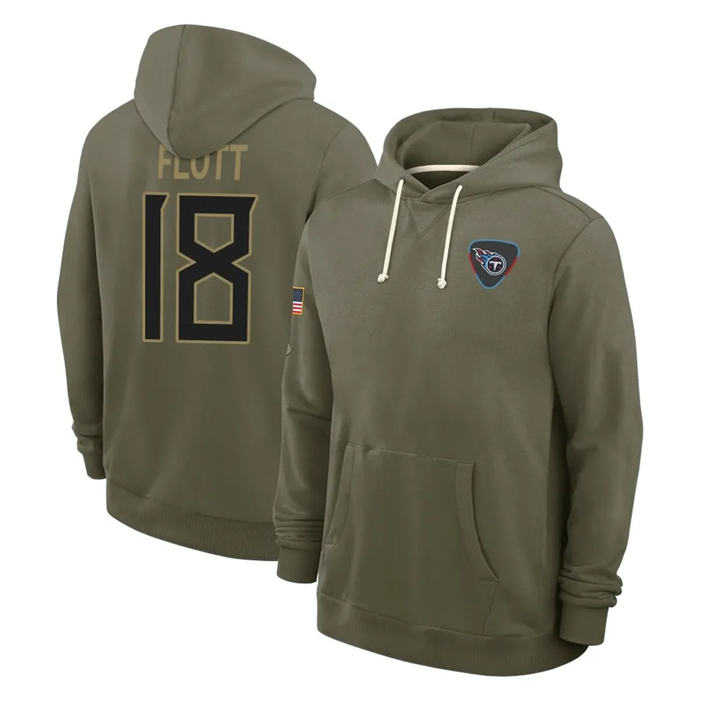 Kieara T.Titans #18 Cor'Dale Flott Player Olive Salute to Service Hoodies Home Game Stitched Jerseys