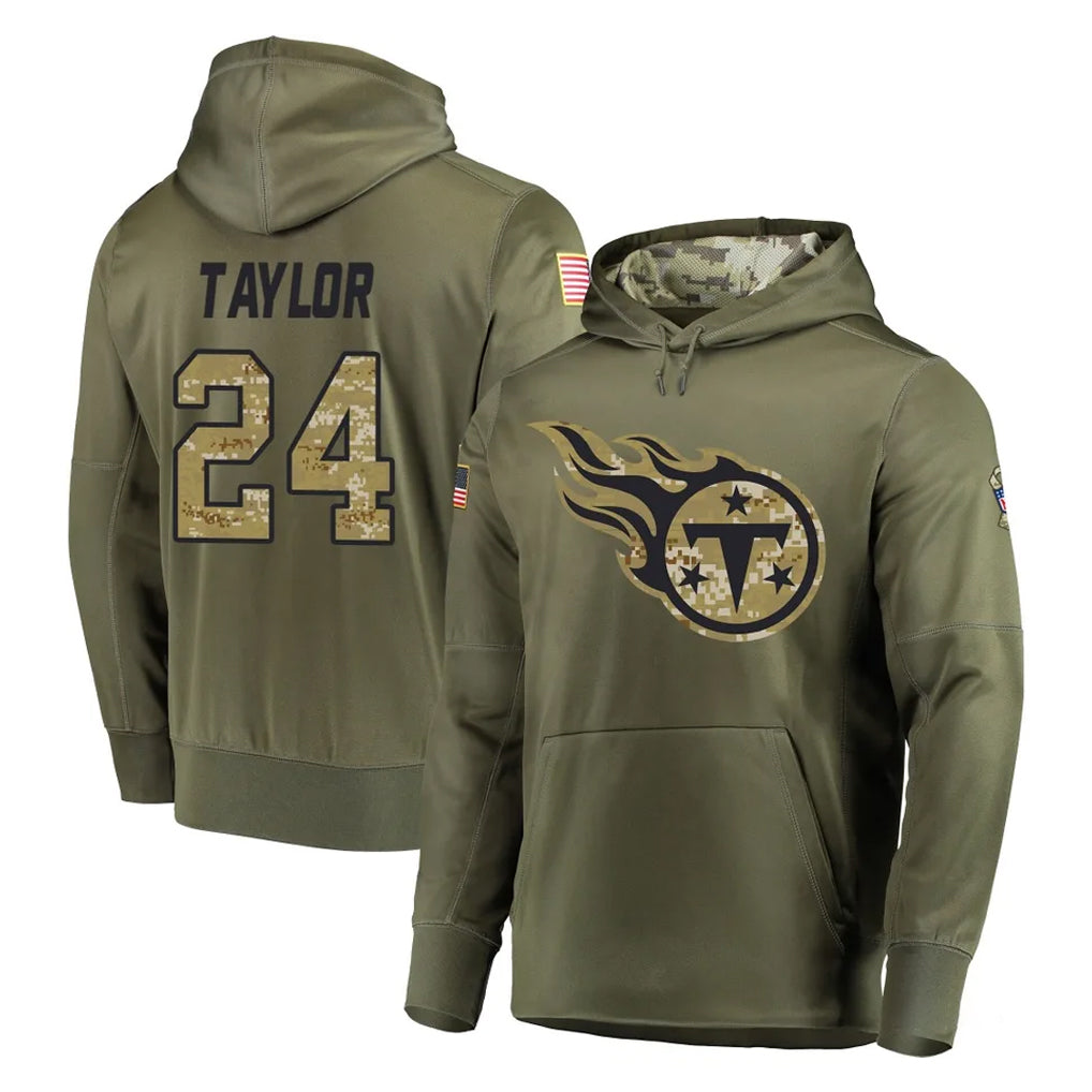 Kieara T.Titans #24 Alontae Taylor Player Olive Salute to Service Pullover Hoodies Home Game Stitched Jerseys