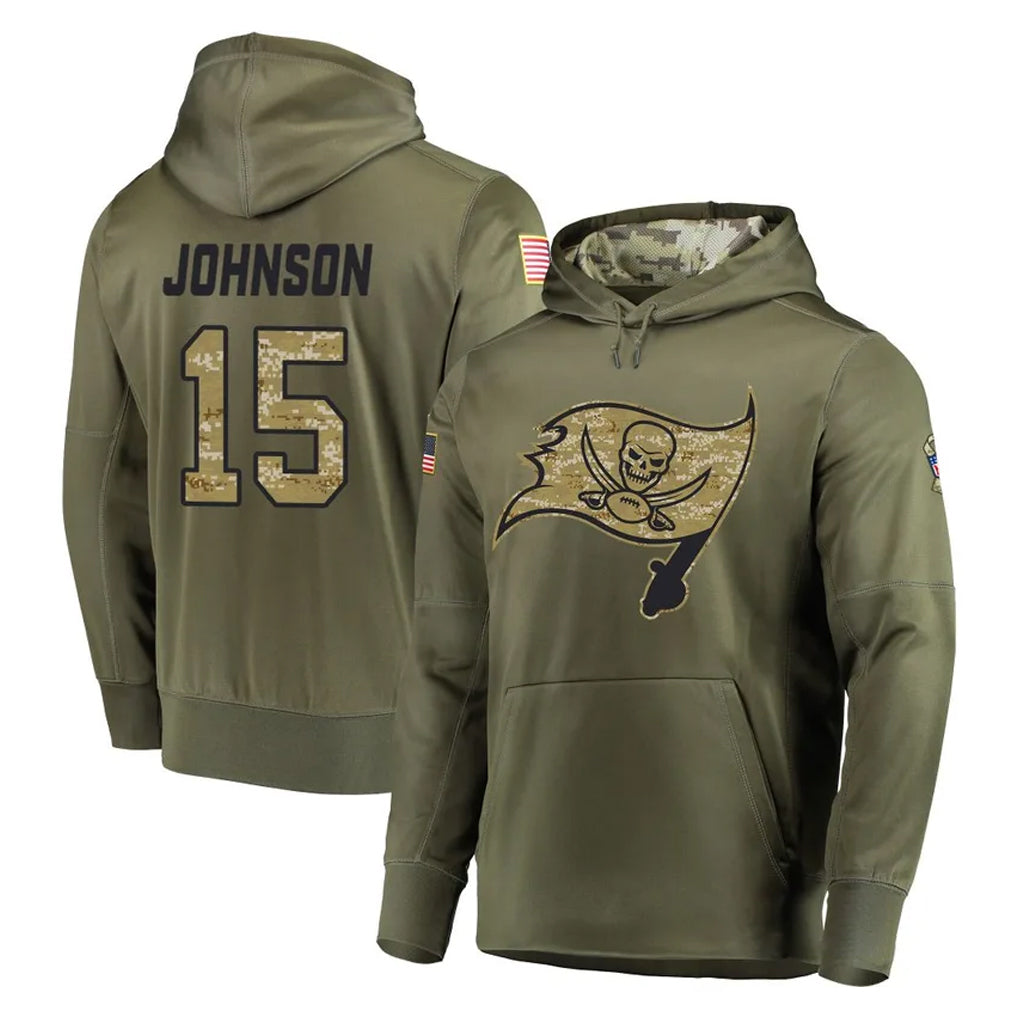 Kieara TB.Buccaneers #15 Tez Johnson Player Olive Salute to Service Pullover Hoodie Home Game Stitched Jerseys