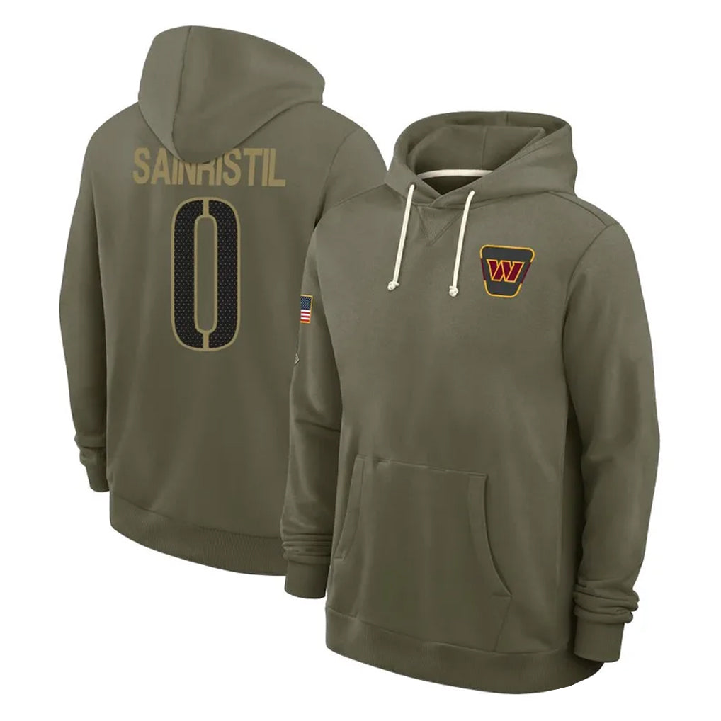 Kieara W.Commanders #0 Mike Sainristil Player Olive Salute to Service Pullover Hoodies Limited Home Stitched Jerseys