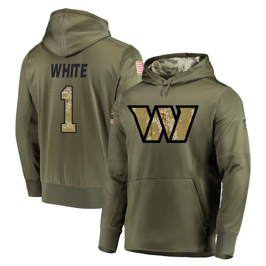 Kieara W.Commanders #1 Rachaad White Player Olive Salute to Service Pullover Hoodie Limited Home Game Stitched Jerseys
