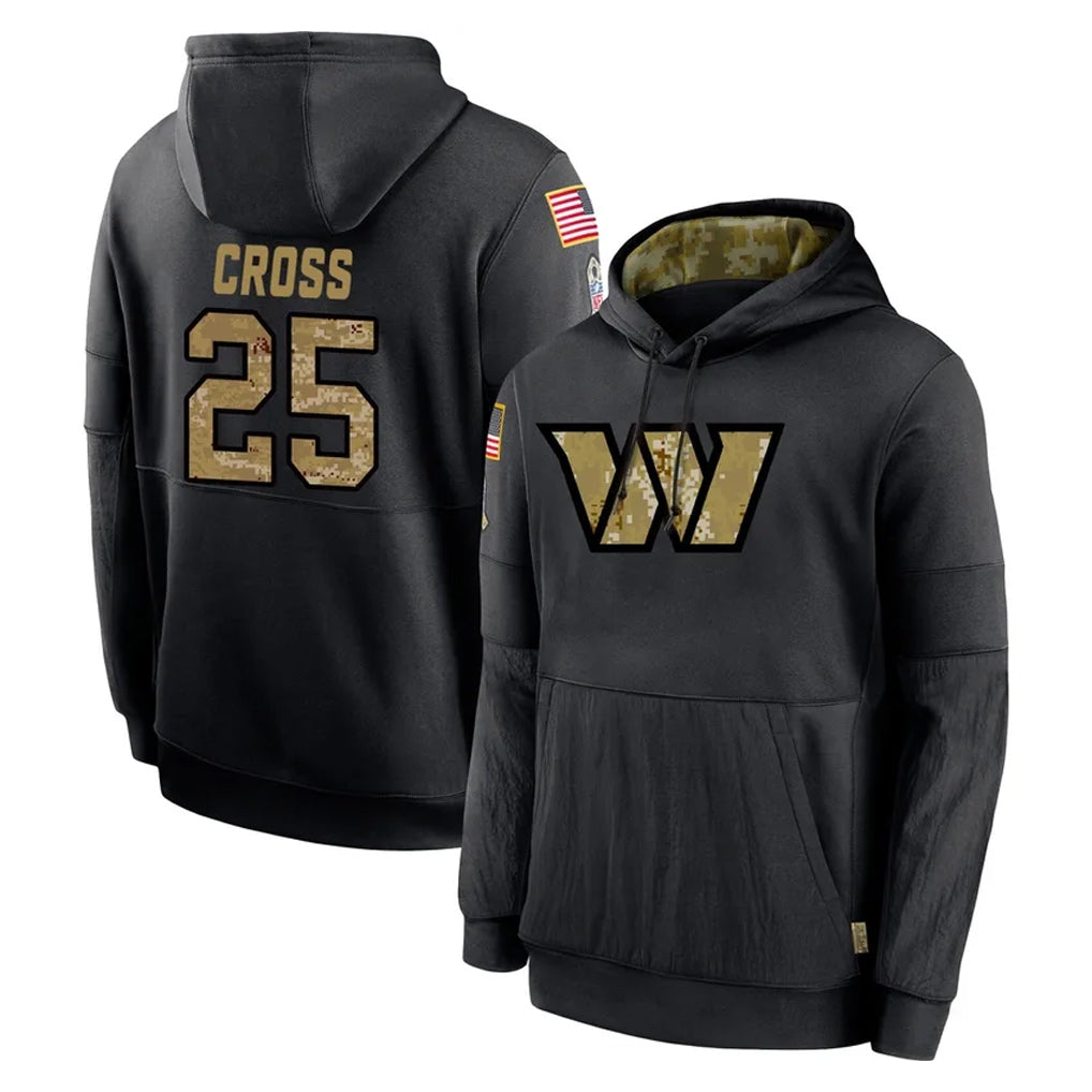 Kieara W.Commanders #25 Nick Cross Player Black Salute to Service Performance Pullover Hoodies Home Game Stitched Jerseys