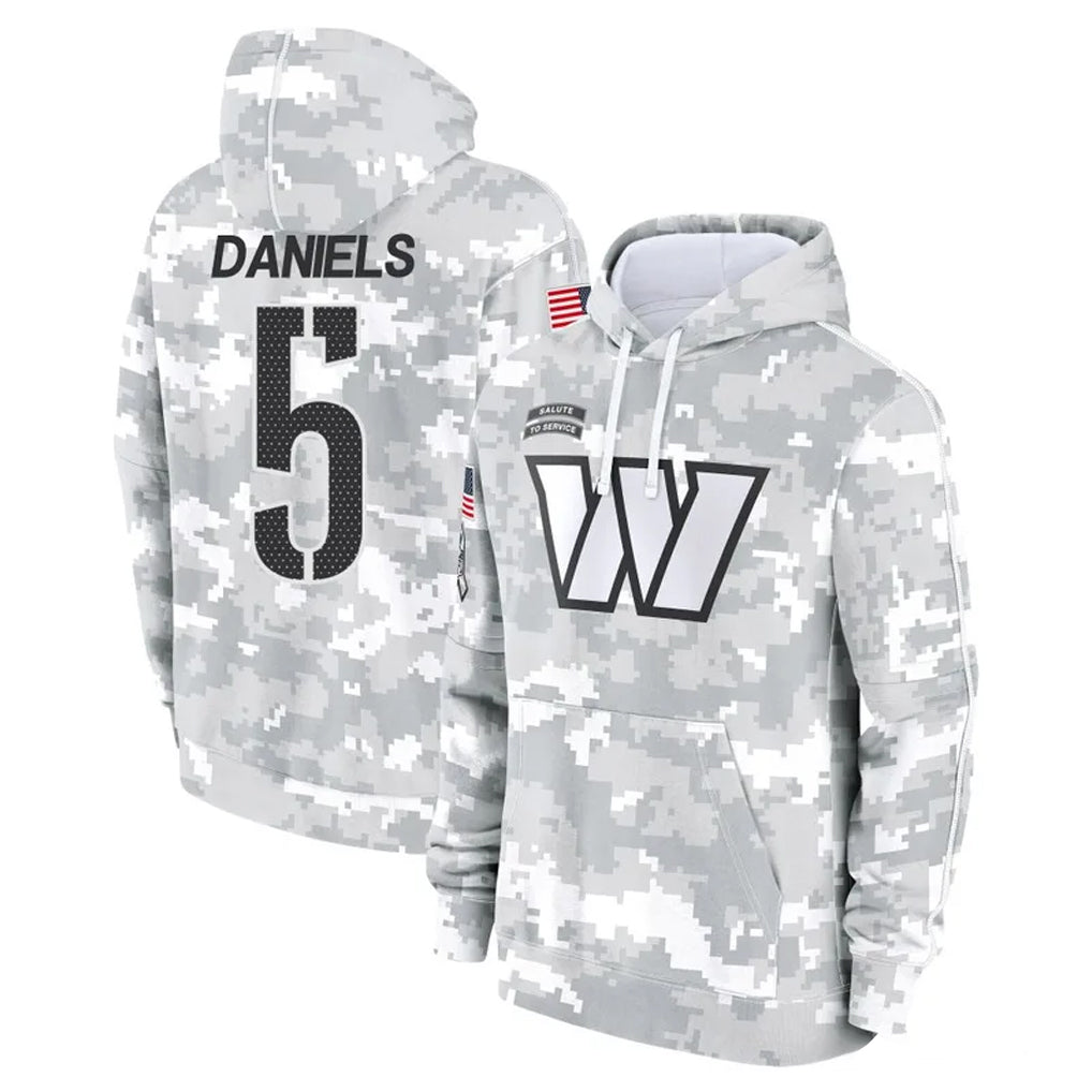 Kieara W.Commanders #5 Jayden Daniels Player Arctic Camo Limited Salute to Service Pullover Hoodies Game Stitched Jerseys