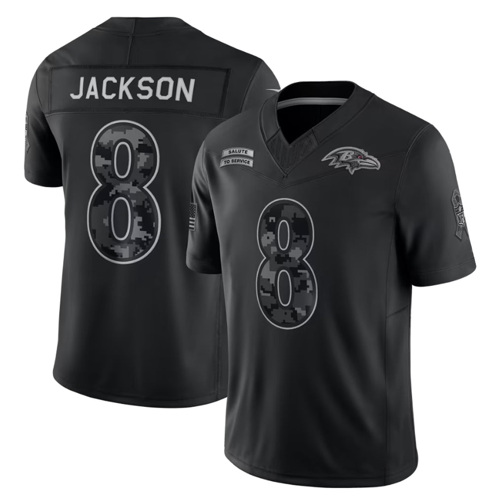 Kieara B.Ravens #8 Lamar Jackson Player Black Limited 2026 Salute to Service Home Game Stitched Jerseys